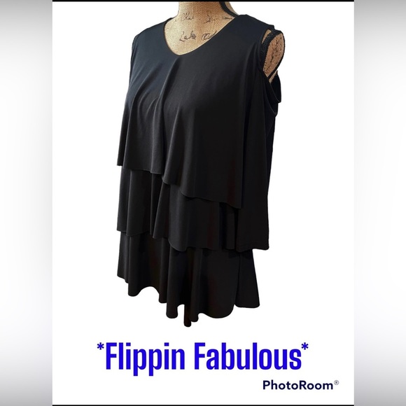 Womens Susan Graver Black Cold Shoulder Ruffle blouse - Picture 2 of 4